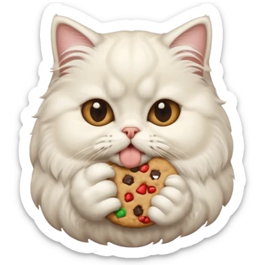 white Persian cat with a cookie in its mouth, emoji style sticker