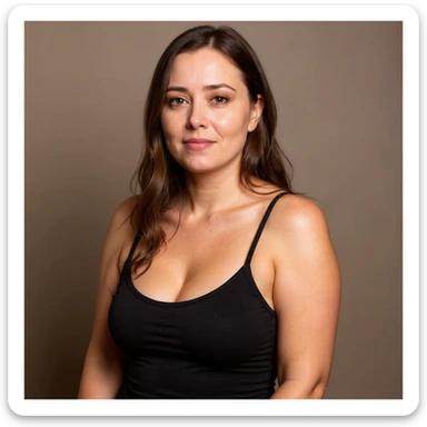 Hyperrealistic vertical portrait inspired by the reference photo: a woman with significant cellulite, visible face showing a desperate and tired expression, identical pose to the photo, extremely detailed skin with realistic texture, natural shadows, neutral background, vertical composition. sticker