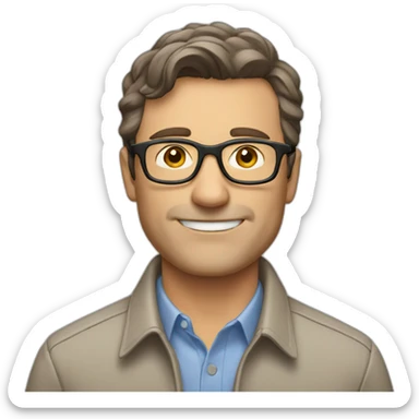 Ad man, brown hair, middle aged, glasses, shirt sticker