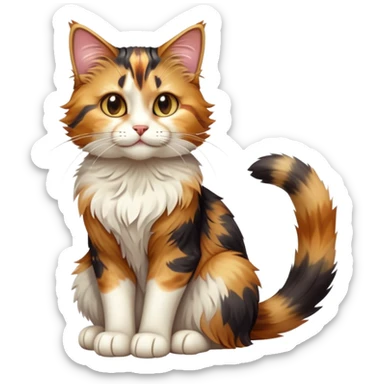 cinematic-[calico tabby cat]-realistic-full-body-sitting-emoji,-tail-curled-playfully-around-its-paws,-head-tilted-dramatically,-scruffy-[calico]-fur,-simplified-yet-realistic-focused-features,-highly-detailed,-glowing-with-an-almost-sarcastic-glow sticker