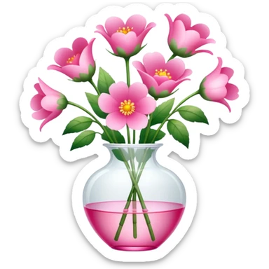 a transparent vase with flowers and the flowers should be in the shape of pink hearts, of which there should be 7 sticker