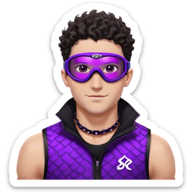 close-up of male athlete with white skin and moderately curly dark brown hair on top with shaved sides, wearing ski goggles with purple frames and very dark black lenses, a simple plain black chain necklace, and a completely unzipped sleeveless vest with purple and black sequin fire pattern design with no logo, with an arrogant smug smirk on his face, looking confident and cocky sticker