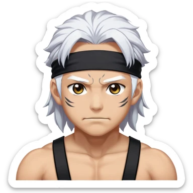 Tengen Uzui with a smirk, Sound Hashira from Demon Slayer, white hair, headband, muscular sticker