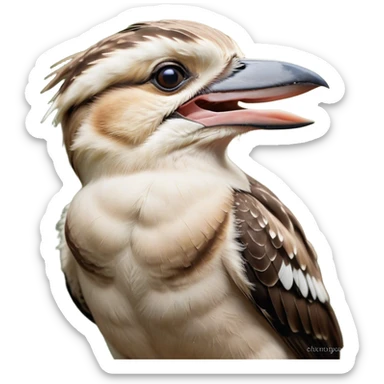 Cinematic Cute Yawning Kookaburra Portrait Emoji, Head tilted slightly with a dramatic, wide-open yawn, showcasing a soft, downy brown plumage with gently drooping wings and a relaxed beak, round eyes barely open in drowsy contentment, Simplified yet irresistibly adorable features, highly detailed, glowing with a soft, cozy glow, high shine, relaxed yet expressive, stylized with a touch of bushland charm, bright and endearing, soft glowing outline, capturing the essence of a sleepy yet affectionate kookaburra, so drowsy it feels like it could flutter out of the screen and curl up for a nap! sticker