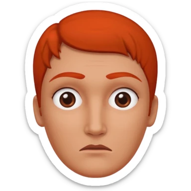 Una figura roja con cabeza cuadrada y cuerpo de rectángulos con cara con dos ojos negros como puntos y cejas preocupadas sin boca y que tenga como una especie de polvo café en la cabeza sticker