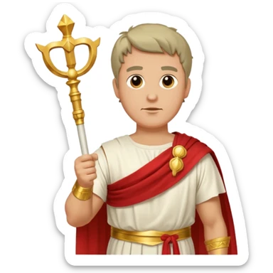 An emoji portrait of a Roman patrician. He wears a flowing white toga with a red stripe. He has a dignified expression and holds a golden scepter. sticker