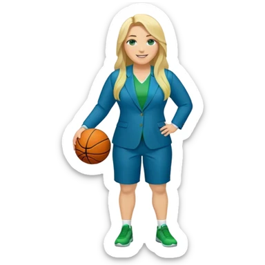 Full Body white plus size female basketball head coach with long blonde hair in a blue and green suit smiling sticker