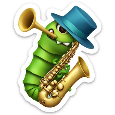 Caterpillar playing saxophone while wearing hat sticker