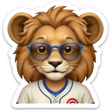 head and shoulders close-crop of a friendly anthropomorphised female lion wearing a baseball shirt and dark sunglasses sticker