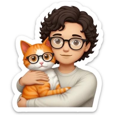 Boy with curl dark hair and glasses hugs white and orange cat sticker