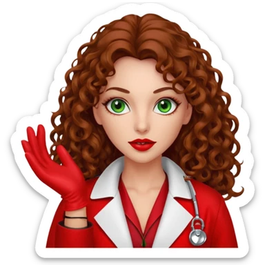 Spanish sexy evil woman. She has green eyes.  had brown long curly hair.  evil surgeon kills with needle wears red sexy doctor coat with red long mouth cover red gloves.  sticker