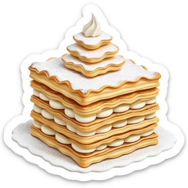 Cinematic Realistic Mille-Feuille Dessert Emoji, depicted as layered puff pastry with rich cream and a dusting of powdered sugar rendered with intricate textures and elegant, soft lighting. sticker