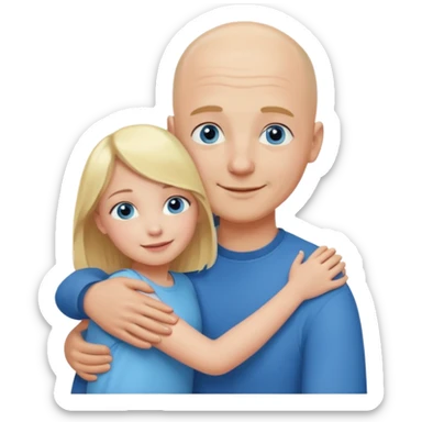 Blonde girl child, blue eyes and happy expression, hugging bald young adult father sticker