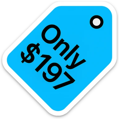 Change the colors of the price tag icon to cyan and black. Keep the text 'Only $197'. Use a modern and bold style in line with the color icon style. sticker