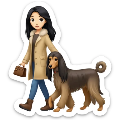A girl with long black hair walking an Afghan hound sticker