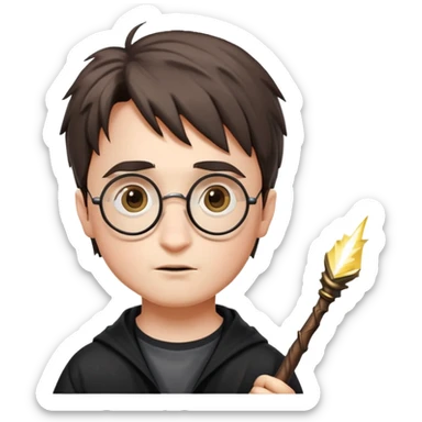 Harry Potter with round glasses, lightning scar, and wand sticker