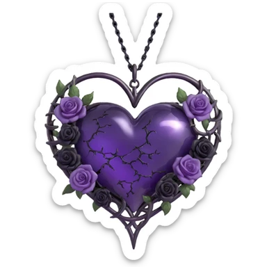 3D emoji gothic heart, purple glass, crescent moon with chain, black roses forming a spiral, subtle lightning, light drizzle, cracked glass with silver highlights sticker