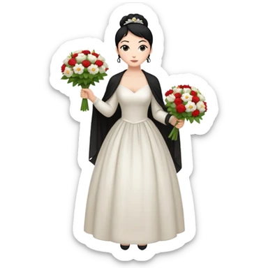 Chica blanca,cuerpo entero, vestido boda ,manga larga ,con estola, pelo negro,    ramo de flores una mano, pelo recogido en moño alto sticker