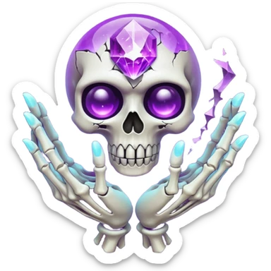 A Discord emoji of a floating, cracked purple crystal orb held by skeletal fingers. Void magic theme, vibrant glow, sharp detail, white background. sticker