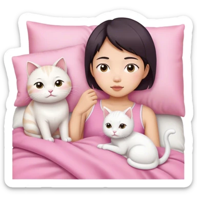 Short hair Asian girl in pink cloth wake up with white cat  sticker