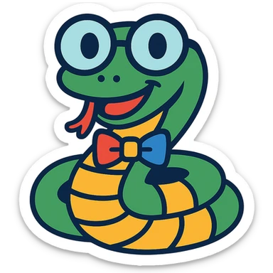Add a colorful bow tie to the nerd snake with round glasses, keep the background transparent. sticker