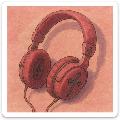 pink gothic headphones with soft shading, cross motifs, and velvet texture sticker
