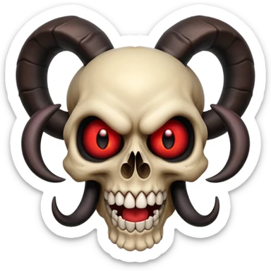 Cartoon skull with large black ram horns, glowing red eyes, big toothy grin, matching attitude and features of reference images, apple emoji style sticker