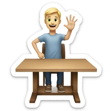 white person sitting on a table and rising hand showing hi sticker