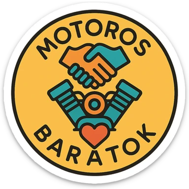 circular motorcycle cap design with the Hungarian phrase 'Motoros Barátok', featuring motorcycle motifs like handshake, motor, heart, friendly style sticker