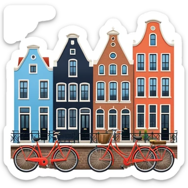 Cinematic Realistic Amsterdam Canal Houses Landmark Emoji, featuring narrow, gabled facades in vibrant colors reflecting on the calm canal waters, with bicycles lining the cobblestone streets. sticker