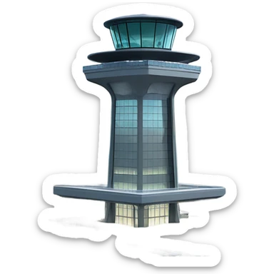 An air traffic control tower stands tall, its sleek, high-tech design featuring glass panels that reflect. common shape and design sticker