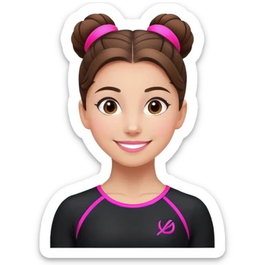 Happy female gymnast with brown hair in a neat bun, wearing a black uniform with neon pink elements. sticker