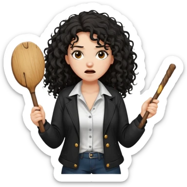 Hej, proszę wygeneruj mi emoji która przedstawia kobietę biała karnacja długie czarne kręcone rozczochrane włosy lekko grubsza, ubrana jest w białą koszulkę oraz czarną rozpiętą kurtkę jest w furii trzyma w rękach wielki badyl sticker