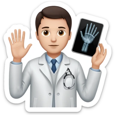 Radiografía de mano sostenida por un hombre con bata blanca  piel clara cabello café obscuro sticker