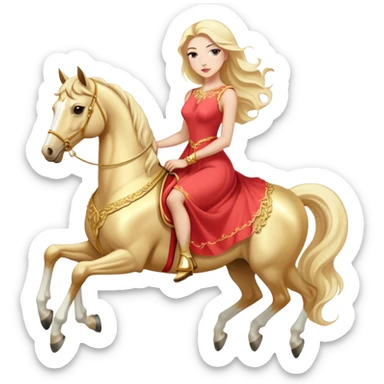 "woman, in long slim pastel red", rides "horse gold and white" sticker