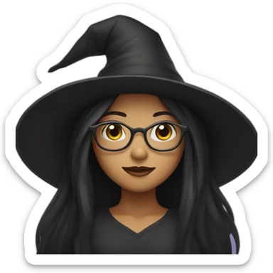 girl with black straight long hair, glasses and witch hat sticker