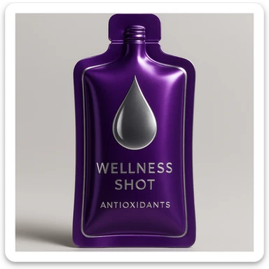 A sleek purple pouch with metallic silver details and a droplet symbol, styled as a luxury wellness shot for antioxidants, inspired by VELOVITA® RESERVE. sticker