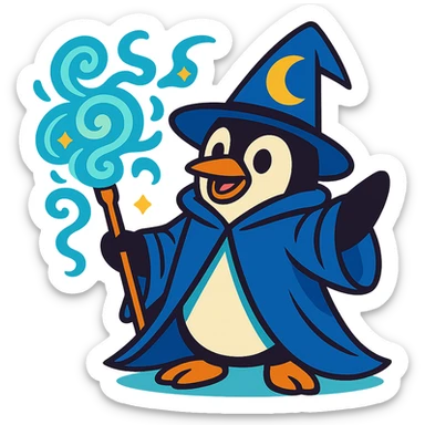 cartoon penguin wizard with a blue cloak, crescent moon hat, and swirling magical energy sticker