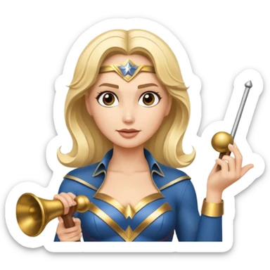 Blonde Wonder Woman holding bell and short white orchestra conductor’s baton  sticker