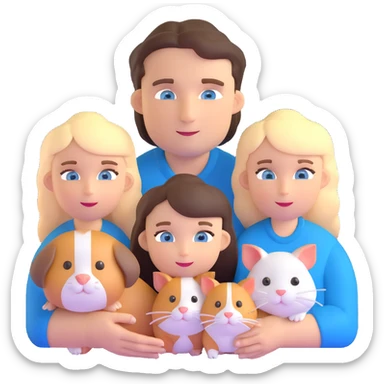 Family portrait with father with dark brown hair and blue eyes, mother with light brown hair and blue eyes, three blonde little girls with blue eyes, plus a cat and two guinea pigs sticker