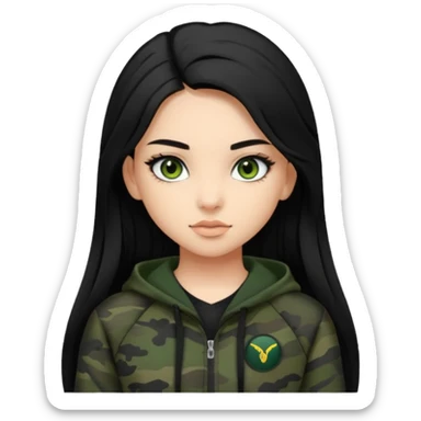 cute teenage girl, cute black trendy athletic clothes, light tan skin, very dark camo green eyes, long black hair, very long eyelashes sticker