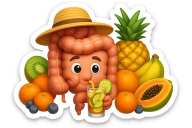 EMOJI STILE IPHONE DI INTESTINO UMANO REALISTICO CON CAPPELLO DI PAGLIA DA SPIAGGIA CHE BEVE UN Tè FREDDO IN BICCHIERE DI VETRO CON DENTRO  fette di cetriolo, limone, lime, DIETRO L'INTESTINO C'è UNA MONTAGNA DI PEZZI DI FRUTTA: Kiwi
Banana acerba
Arance e mandarini
Mirtilli
Ananas
Papaya
IPERREALISTICO 4K sticker