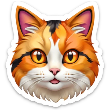 Cinematic Comical Calico Cat Portrait Emoji, Head tilted dramatically with an exaggeratedly surprised expression, showcasing a vibrant patchwork fur of orange, black, and white with wide, comically expressive eyes, simplified yet hilariously detailed, glowing with a sassy, golden radiance, high shine, exuding playful mischief and cheeky feline attitude, styled with a soft glowing outline, capturing the essence of a calico cat that looks ready to leap off the screen with mischievous flair! sticker