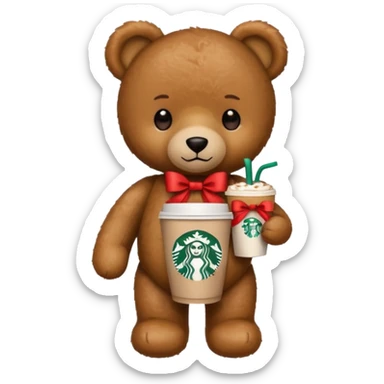 smooth texture teddy bear with red ribbon and starbucks coffee sticker