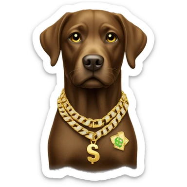 brown labrador with a golden thick necklace like a rapper with a dollar sign in gold iced out with diamonds sticker