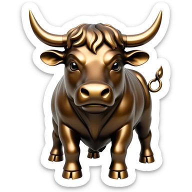 wall street bull, bronze statue, black in color and with a shiny and hard metal sticker