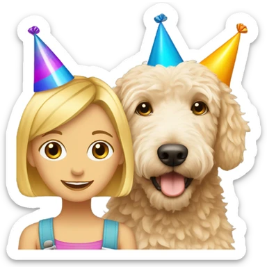 Blonde girl and a cute golden doodle wearing a happy birthday hat sticker