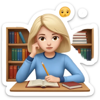 3D emoji style sticker, young woman, white background, sitting at a table with books and a notebook, calmly studying, thoughtful and slightly serious expression, slow focused learning mood, casual outfit, soft lighting, minimalistic, clean astrology emoji style sticker