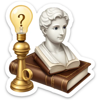 An icon featuring a classical bust, a book, and a question mark, symbolizing philosophy. The design includes a lightbulb, representing ideas, and a scroll with ancient text, evoking deep thought and intellectual inquiry. Transparent background highlights the search for knowledge and meaning. sticker