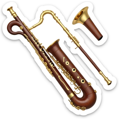 Create an elegant and detailed emoji representing a professional Yamaha bassoon. The design should feature the sleek wooden body of the bassoon with its rich wood tones, showing the intricate keywork and metal springs. The metal tubing of the instrument should be clearly visible, with polished brass accents. Highlight the bell and the distinctive, curved shape of the instrument. The mouthpiece and reed should be visible at the top, emphasizing the functional details. Use warm wood tones like dark brown, with gold and brass accents for the keys and fittings. Add soft musical notes or soundwaves to represent the deep, resonant sound of the bassoon. The background should be transparent. sticker